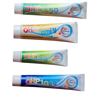 OHP Fluoride Toothpastes 4 options on a white background