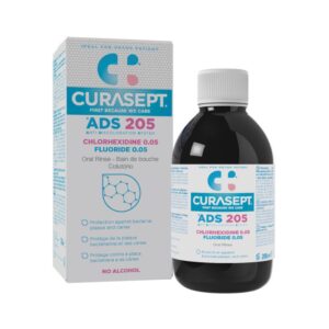 Curasept ADS 205 Oral Mouth Rinse bottle and box sitting on a white background