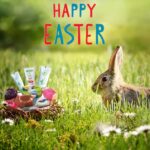 Happy Easter - bunny sitting on the grass with toothpaste basket beside it