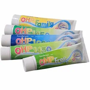 ohp all options of toothpaste on a white background