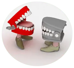 A grey and red set of teeth depicting talking to each other about oral health wearing shoes on a grey background