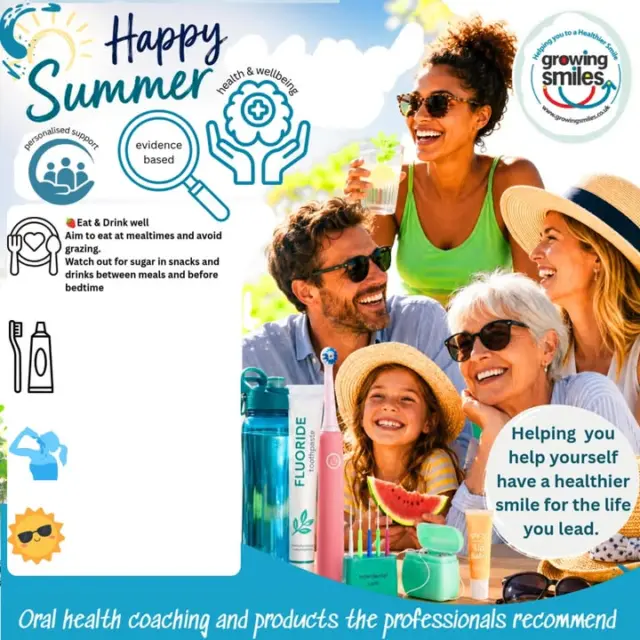 The summer solstice tips the balance for summer smiles! ☀️Summer often means changes to routines — holidays, BBQs, picnics, ice creams and more relaxed days but don't skip healthy daily habits that count year round.Growing Smiles Summer smile tips:💧 Stay hydratedWater's best for your mouth and supports healthy saliva flow— your mouth’s secret helper and natural defence against acids and bacteria.🍓Eat & Drink wellAim to eat at mealtimes only and avoid grazing.Watch out for sugar in snacks and drinks between meals and before bedtime. 🪥Don’t skip  the basicsBrush 2 daily with fluoride toothpaste. Clean between teeth  daily.Spit after brushing but don't rinse with water.🕶️Don't miss your lipsSun protection's not just for skin — lips can be affected by UV exposure. Use SPF lip balm, especially outdoors.🌱 Prevention is always worth itHealthy habits are the foundations for health. They help reduce the need for more complex treatment. Better for oral health, overall health and wellbeing.Visit GrowingSmiles,co.uk and learn how we can help you help yourself have a healthier smile for life. We support building healthy habits through personal oral health coaching and products recommended by dental professionals.#SummerSolstice #OralHealth #HealthySmiles #PreventiveCare #SmileSmart #growingsmilesuk