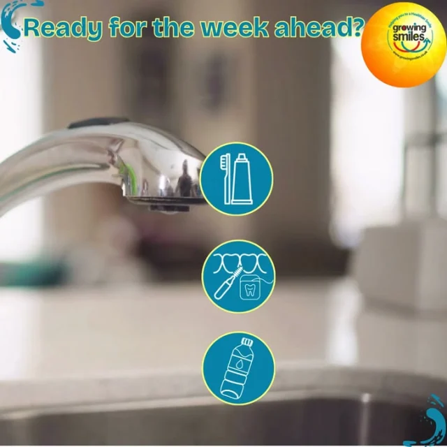 Sunday reset: are you ready for the week ahead?It's going to be another hot one so plan for hydration. Dehydrated >dry mouth > increased risk of decay, plaque build up, gum inflammation and soreness. Get ahead of the week - 🪥 Brush before bed with fluoride toothpaste.💧 Spit, don't rinse with water after brushing.🦷 Clean between your teeth if you haven't done it today.💧 Plan your water for the week.Take a bottle with you. Keep it somewhere you'll see it. Drink it regularly — especially as it gets hotter.Drinking water is an easy win for your mouth, body and mind.  Have a great week.More tips and tools to keep you smiling at #GrowingSmiles.co.uk#SundayReset #Hydration #DrinkWater #OralHealth #HealthySmile #Heatwave #SummerHealth #EatWellCleanWellBeWell