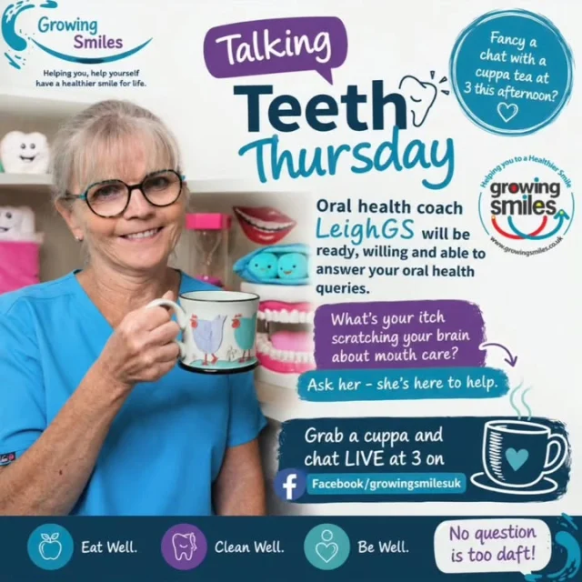 Cuppa tea with Leigh, at 3? ☕ Talking Teeth Thursday is having a chat over a cuppa! 🦷Oral health coach LeighGS will be LIVE and ready to answer your oral health questions — big, small, serious or just something that’s been an itch about mouth care!Grab your favourite cuppa, bring your questions and have a natter. No question is too daft - we ask plenty of those ourselves!📍 Live at 3pm on Facebook: facebook.com/growingsmilesukGrowingsmiles.co.uk here to help you help yourself have a healthier smile for life.#TalkingTeethThursday #GrowingSmiles #OralHealth #MouthCare #AskLeighGS HealthySmileForLife