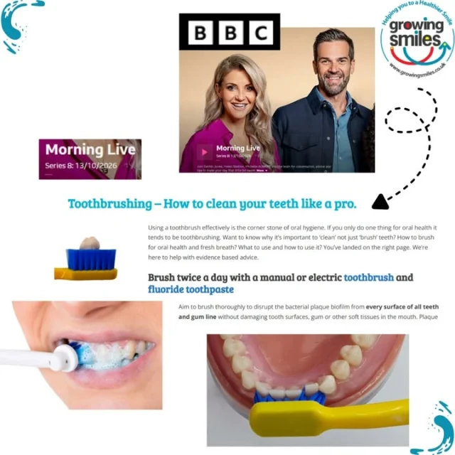 Healthy Gums Don't BLEED! This morning #BBCMorningLive highlighted the importance of effective plaque control.  Cleaning your teeth and gums are about more than minty fresh breath! Your gums and the supporting bone are the foundations of your smile. Your body's response to the bacteria in plaque biofilm that builds up on teeth and gums is your early warning of the first stages of gum disease - bleeding when you brush. Cleaning between teeth and brushing thoroughly every day is more than having a sparkling smile and fresh breathGum disease can be linked to many other chronic diseases e.g. Type 2 Diabetes, Heart disease. Brush every surface and gumline of all teeth. Use interdental brushes/floss to clean the surfaces your toothbrush can't reach then brush with a fluoride toothpaste. IT TAKES TIME - possibly a lot longer than you normally do. Find out how to brush like a pro and buy products the professionals recommend at growingsmiles.co.ukNot sure where to start? Try MyDentalScore  - https://growingsmiles.co.uk/my-dental-score-find-out-your-oral-health-score/Watch BBC morning Live - 1005 https://www.bbc.co.uk/iplayer/episode/m0032vcf/morning-live-series-8-13102026#bbcmorninglive #bsperio #gethinjones #helenskelton #mouthcare #healthygumdon'tbleed